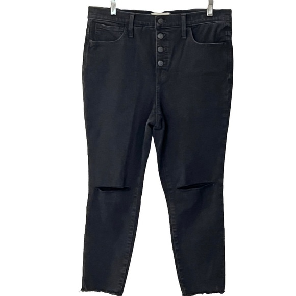Madewell 10” High Rise Button Fly Jeggings Blown Out Knees 31P Black - Picture 6 of 16